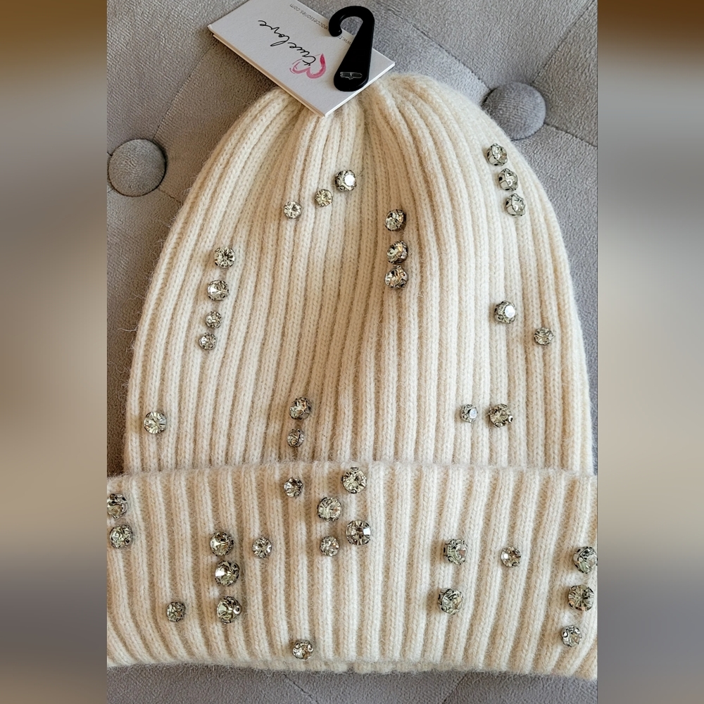 Rhinestone Knit Beanie Cream Sparkly Winter Hat Soft Cozy